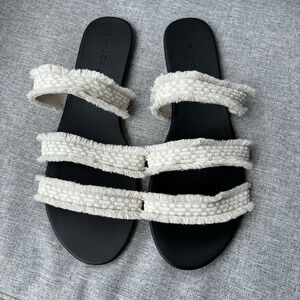 Rothys Women's Sz 12 SeaShell Sandal White Fringe Triple Strap Slide Flip‎ Flop